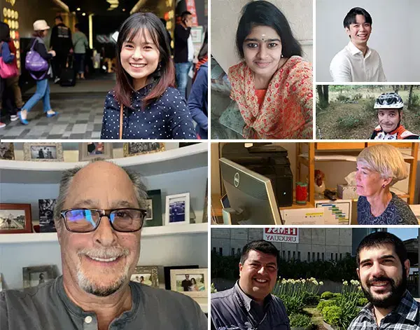 A grid of diverse people smiling in various settings, including indoor and outdoor environments.